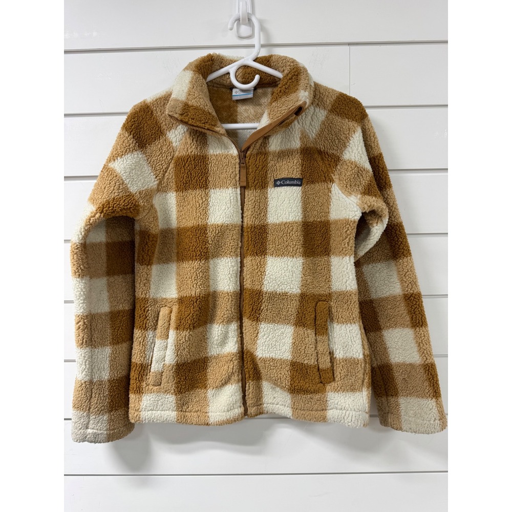 Columbia Womens Sherpa Fleece Full Zip Jacket XS Tan Cream Buffalo Plaid Check